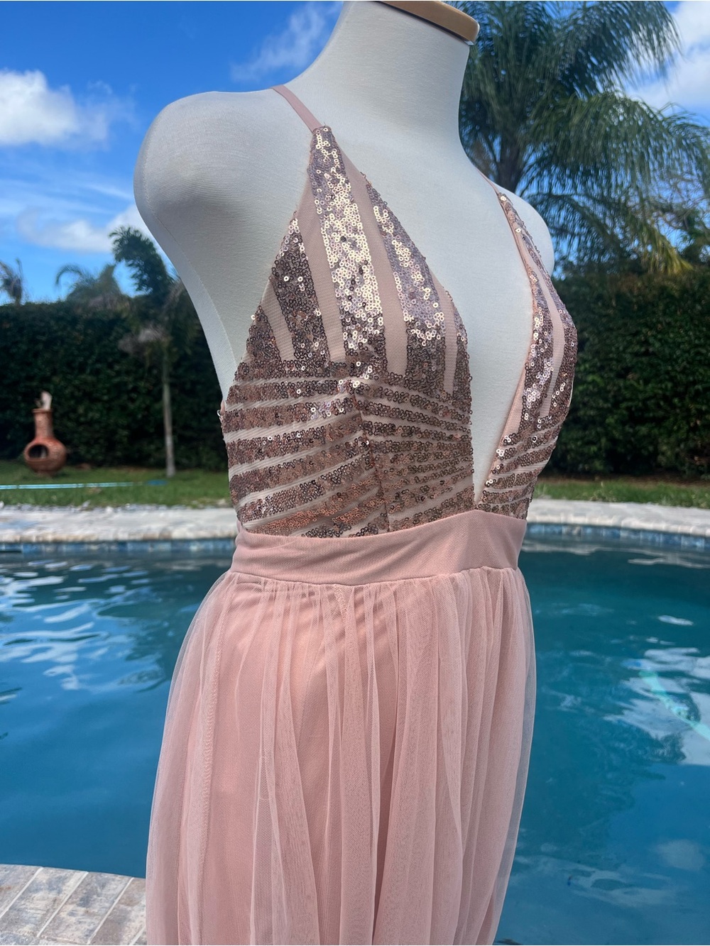 Plunge V-Neck Blush Pink Tulle Dress Prom - Picture 7 of 11